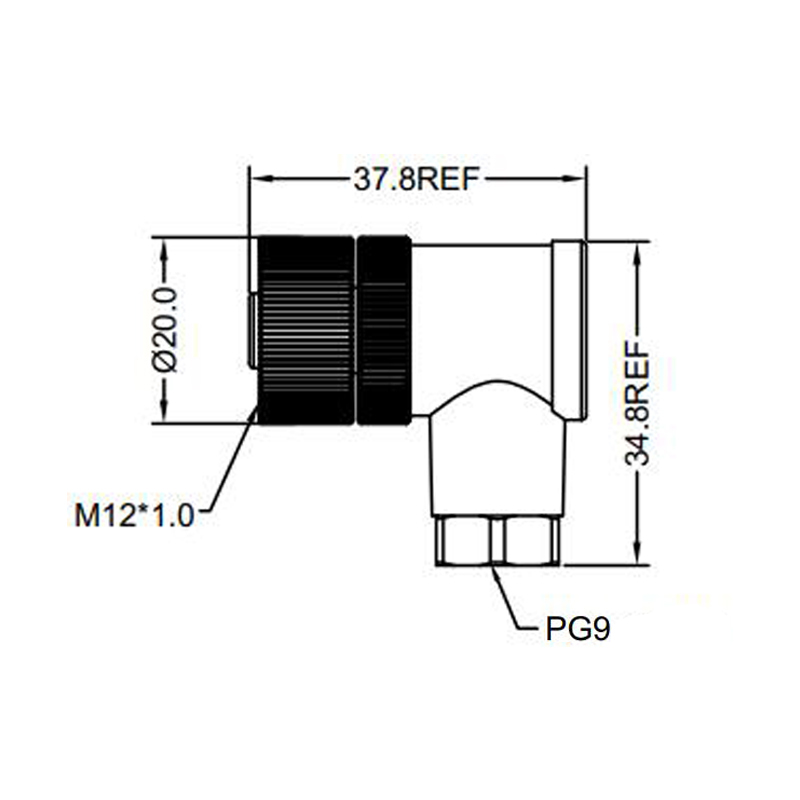 M12 3pins A code female right angle plastic assembly connector PG9 thread, unshielded,suitable cable outer diameter 6.0mm-8.0mm